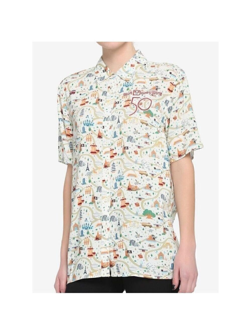 Walt Disney World 50th Anniversary Attractions Map Woven Button-Up (Med)